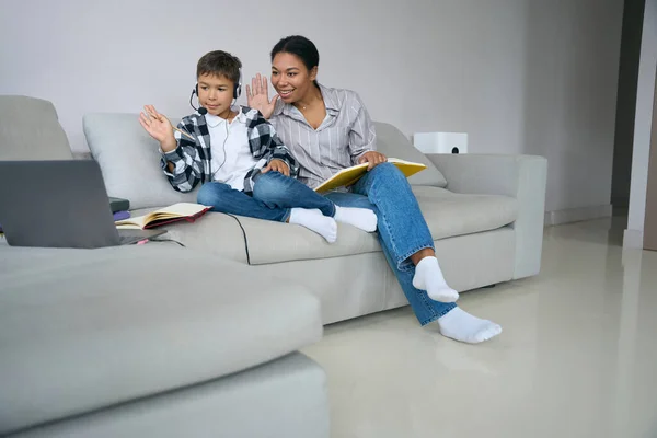 Teenager Child Distance Learning Home Comfortably Settled His Mother Couch — 스톡 사진