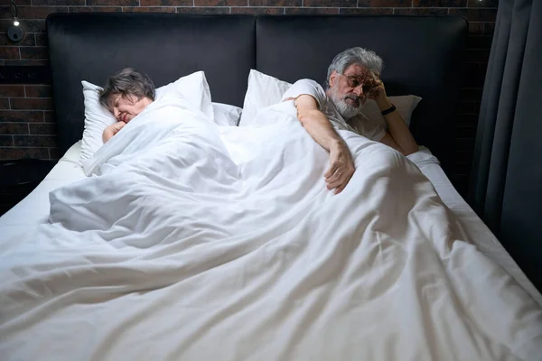 Elderly Woman Male Lying Bed Bedroom Man Prop Head Hand — Photo