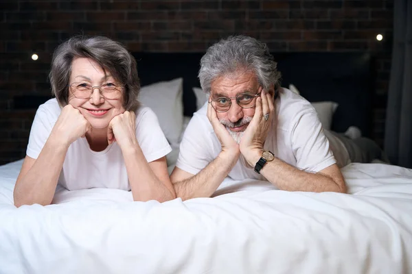 Elderly Happy Woman Male Lying Bed Bedroom Looking Camera — Photo