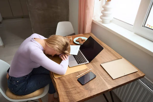 Exhausted Modern Young Businesswoman Lying Front Laptop Screen Table — Zdjęcie stockowe