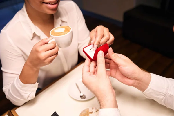 Cropped Photo Smiling Woman Seated Cafe Table Getting Engagement Ring — Stock Photo, Image