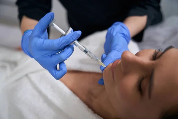 Lady Medic Coat Gloves Holding Syringe Making Beauty Injections Face — Stock Photo, Image