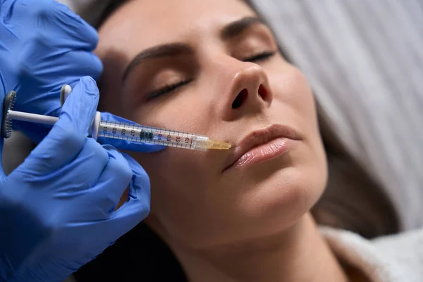 Female Medic Coat Gloves Holding Syringe Making Beauty Injections Face — Stock Photo, Image
