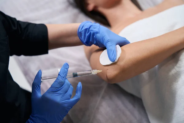 Doctor Protective Gloves Coat Holding Syringe Making Beauty Injections Elbow — Stock Photo, Image