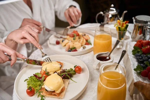 Man Woman Having Romantic Breakfast Hotel Room Spouses Eat Poached — Stock Photo, Image
