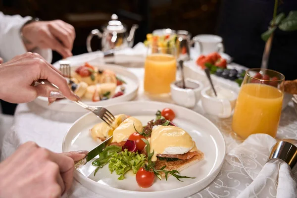 Couple Having Romantic Breakfast Hotel Room Spouses Eat Poached Eggs — Stock Photo, Image