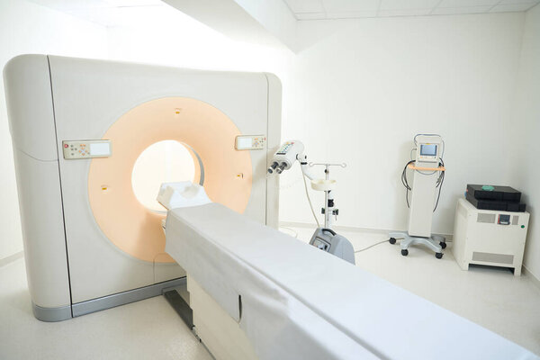 Modern CT computer tomography in the clinic, MRI diagnostic, healthcare concept