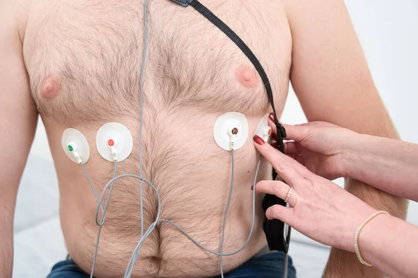 Cropped Photo Doctor Hands Sticking Holter Male Chest Clinic — Stock Photo, Image