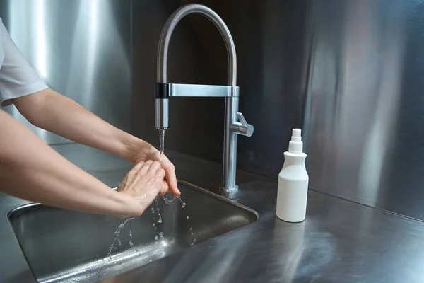 Cropped Photo Female Hands Process Washing Water Tap Sterility Special — Stock Photo, Image