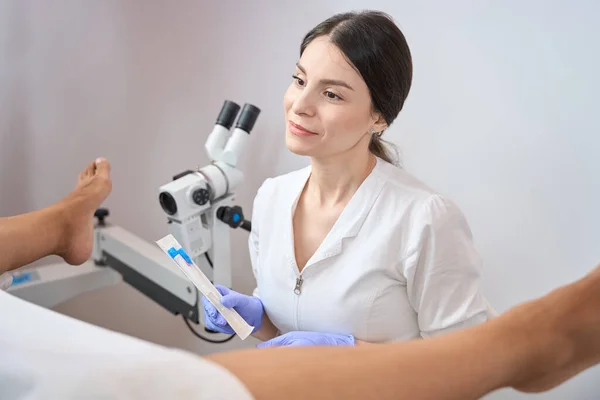 Smiling Lady Gynecologist Holding Her Hands Set Taking Biomaterial Vagina — Stok fotoğraf