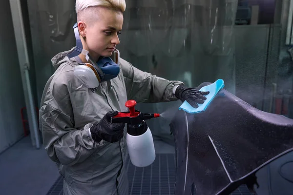 Side View Female Disinfection Technician Protective Suit Cleaning Car Element — Stock Photo, Image