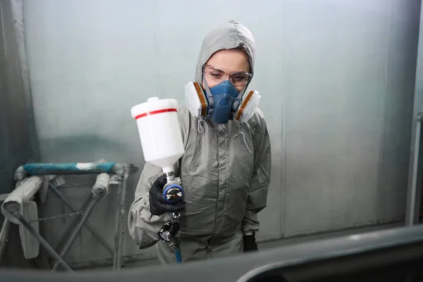 Caucasian Woman Auto Technician Wearing Protective Workwear Painting Car Body — Stock Photo, Image