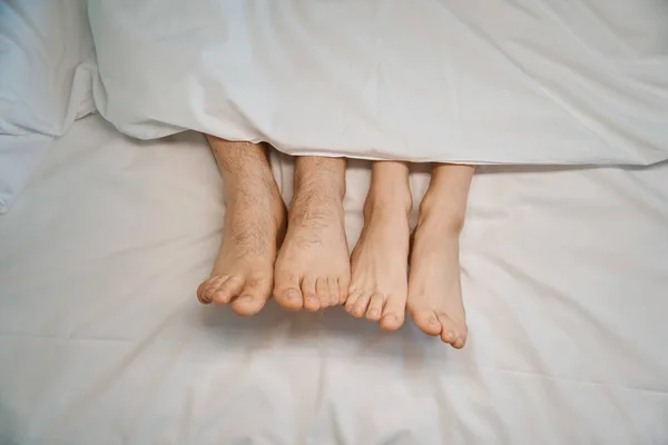 Dva Páry Mladých Nohou Muž Okouzlující Žena Vykouknou Zpod Přikrývky — Stock fotografie