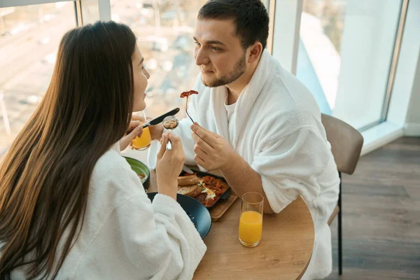Spouses Love Chat Nicely Breakfast Cozy Atmosphere Guys Soft Bathrobes — Stock Photo, Image