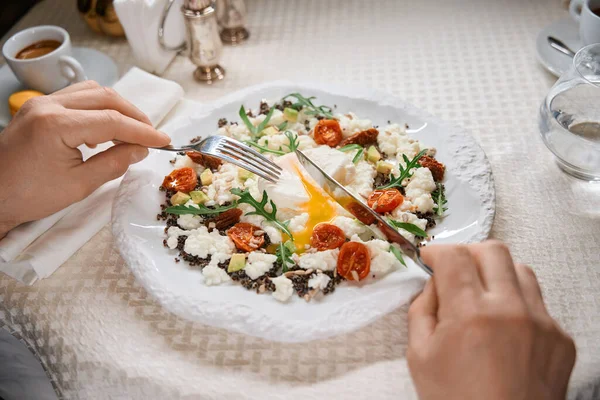 Close Man Knife Fork Carefully Cutting Poached Egg Lying Top — Stock Photo, Image