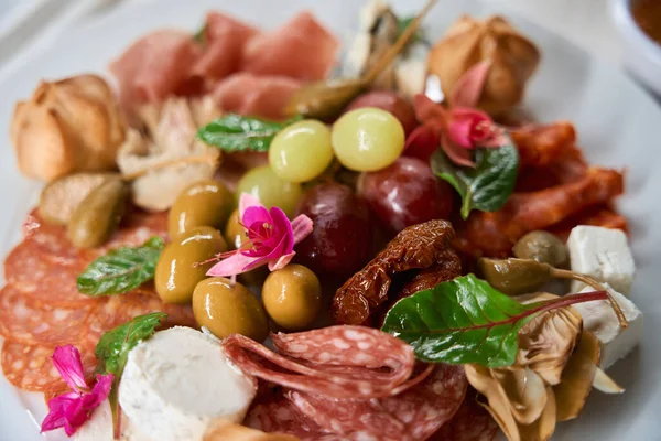 Plate Antipasto Delicious Sliced Meat Cheese Olives Tasty Selection Appetizer — Stock Photo, Image