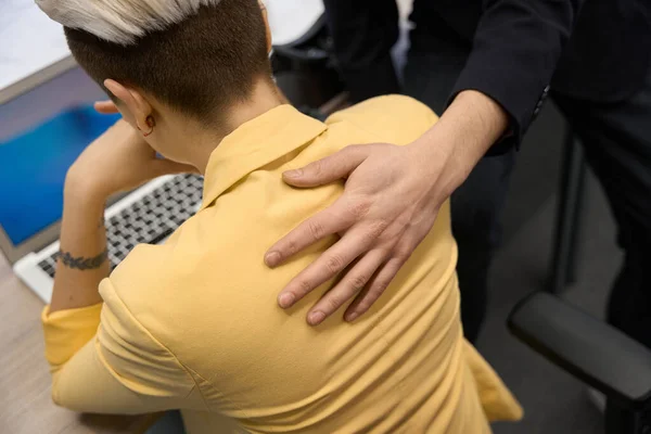 Caring Man Hugging Female Colleague Shoulders Trying Calm Help Online — Stock Photo, Image