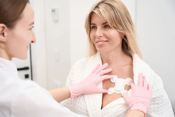 Doctor Diagnostician Attaches Special Sensor Holter Examination Sensor Fixed Area — Stock Photo, Image