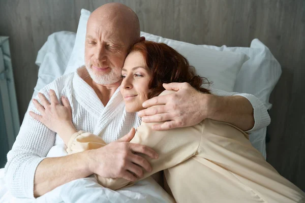 Caucasian Couple Lying Cozy Bed Giving Love Support Each Other — Stock Photo, Image