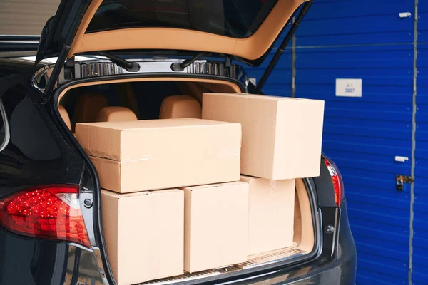 Suv Standing Warehouse Many Cardboard Boxes Open Trunk Stock Picture