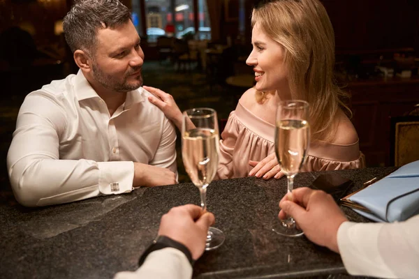Male Bartender Serving Glasses Sparkling Wine Lovely Couple Who Having — Stock Photo, Image