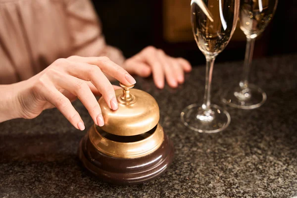 Close Female Customer Touching Service Bell Calling Staff Glasses Alcohol — Stock Photo, Image