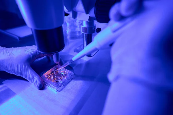 Embriolog Umieszczenie Próbki Nasienia Specjalnym Urządzeniu Badania Pod Mikroskopem Ilości — Zdjęcie stockowe
