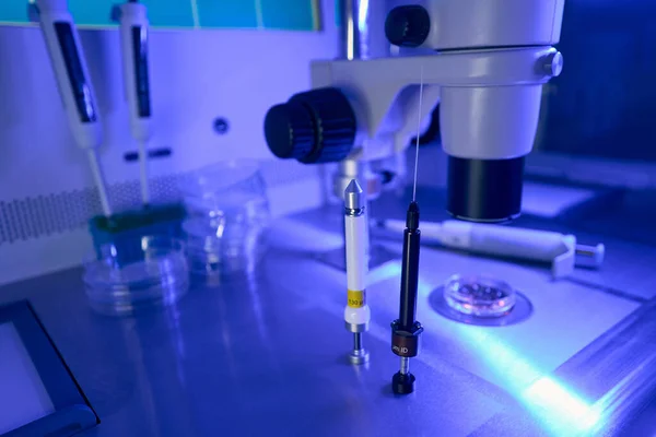 Specialized Micro Instrument Manipulating Germ Cells Human Embryos Various Stages — Stock Photo, Image