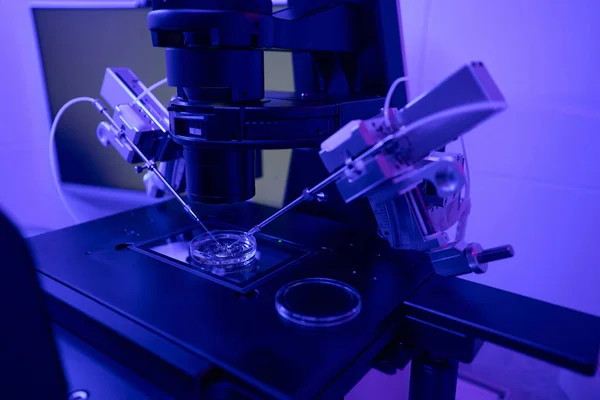 Manipuladores Especiais Microscópio Fazendo Fertilização Vitro Células Femininas Com Esperma — Fotografia de Stock