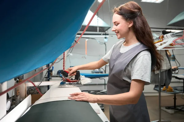 Skilled Woman Dry Cleaner Service Worker Ironing Cloth Pressing Steam — Stock Photo, Image