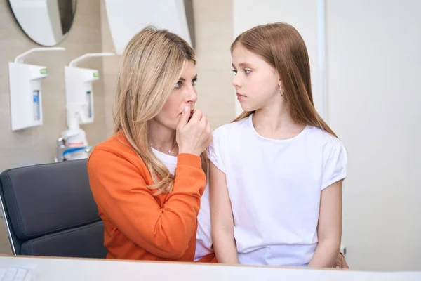 Shocked Mother Scared Little Daughter Diagnosis Knowing Hereditary Disease Waiting — Stock Photo, Image