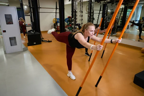Women Fitness Clinic Perform Balance Exercises Gymnastic Sticks Ladies Comfortable — Stock Photo, Image