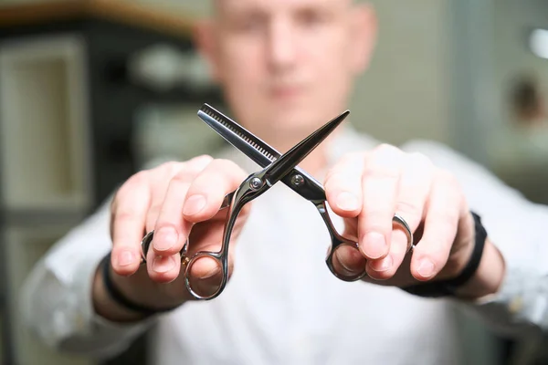 Barber Man Holds Special Professional Scissors His Hands Master Has — Stock Photo, Image