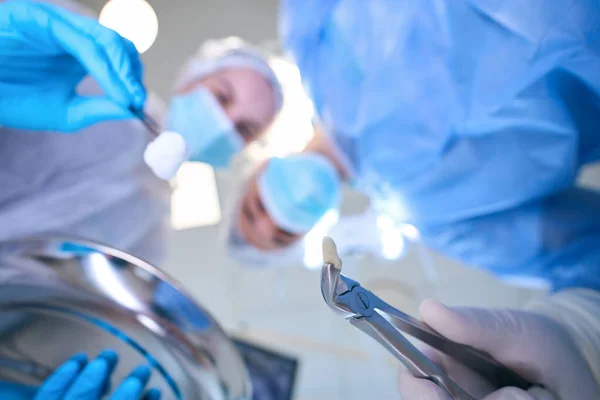 Mężczyzna Chirurg Trzyma Kleszcze Zęba Usuniętego Jego Rękach Młody Asystent — Zdjęcie stockowe