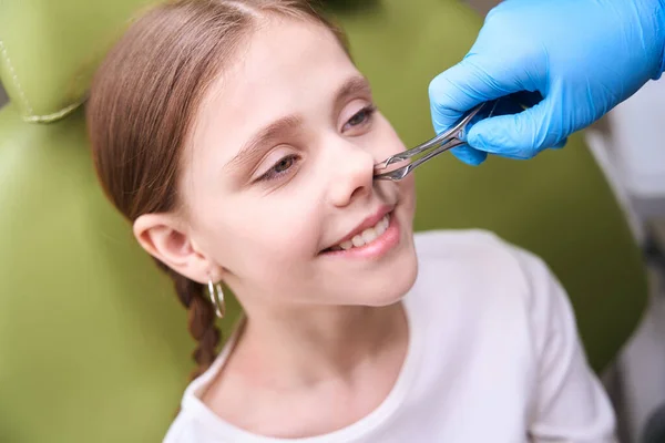 Doctor Otolaryngologist Protective Gloves Examines Childs Nose Doctor Uses Special — Stock Photo, Image