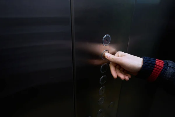 Male Passenger Elevator Cabin Presses Floor Selection Button Man Presses — Stock Photo, Image