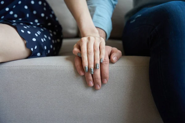 Woman Man Sitting Soft Sofa Gently Hold Hands — Stock Photo, Image