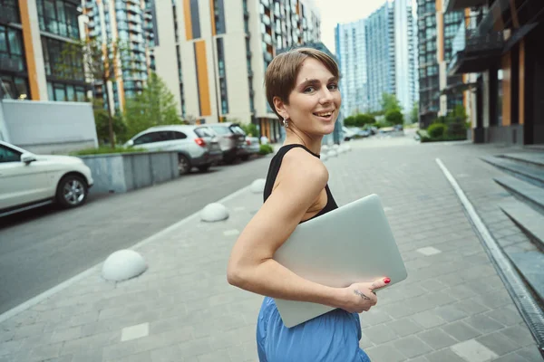 Beautiful Young Female Walks City Street Laptop She Comfortable Youth — Stock Photo, Image