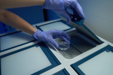 Koruyucu eldivenler içindeki laboratuvar çalışanı özel bir kutuya biyomateryal içeren bir petri kabı yerleştiriyor, kutular numaralandırılmış.