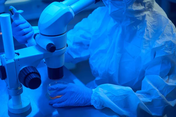 Embryologist Uses Micromanipulator Set Perform Icsi Procedure Uses Powerful Microscope — Stock Photo, Image