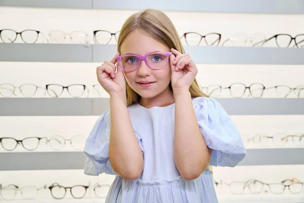 Waist Portrait Serene Child Trying Pair Spectacles Front Camera — Stock Photo, Image