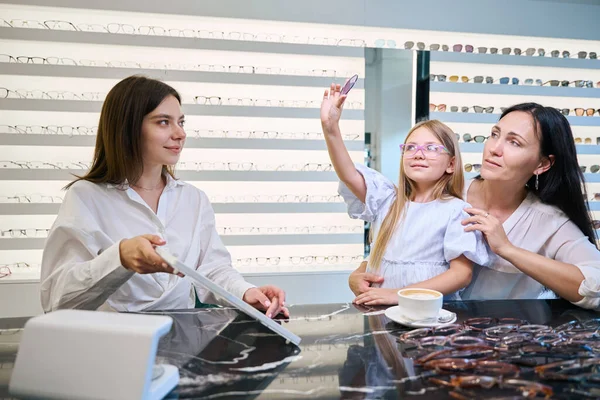 Focused Child Looking Purple Tinted Eyeglass Lens Raised Hand Presence — Stock Photo, Image