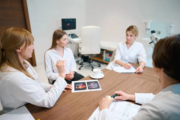 Doctors Patient Seated Large Table Spacious Office Medical Consultation Held — Stock Photo, Image
