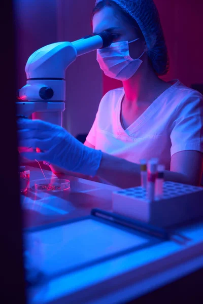 Лаборант Защитных Перчатках Проводит Процедуру Икси Столе Находятся Пробирки Биоматериалами — стоковое фото