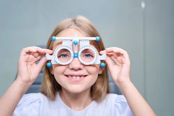 Portrait Smiling Young Patient Putting Ophthalmic Trial Frame Her Face — Stock Photo, Image