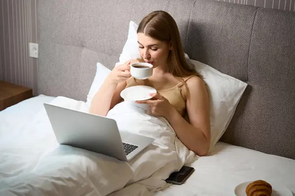 Mulher Bonita Sutiã Coberto Com Cobertor Beber Café Usando Laptop — Fotografia de Stock