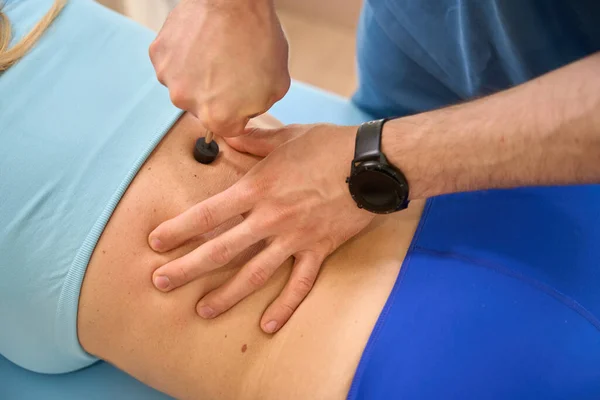 Chiropractor Massaging Patients Spine Acting Nerve Endings Relaxes Muscles Sports — Stock Photo, Image