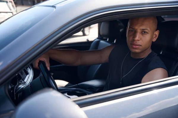 Serious African American Man Sitting Driver Seat His Car Looking — Stock Photo, Image