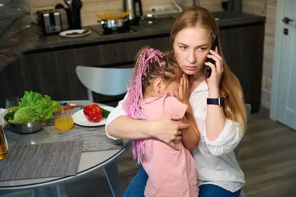 Anxious Woman Worrying Her Little Daughter Who Feeling Sick Hugging — Stock Photo, Image