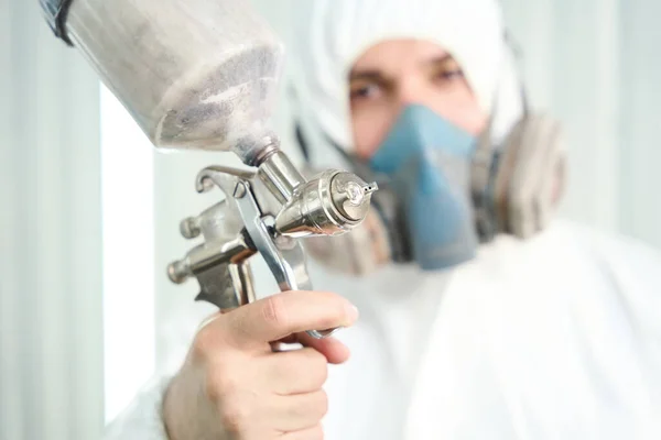 Closeup Male Paint Technician Hand Pressing Metal Trigger Spray Gun — Stock Photo, Image